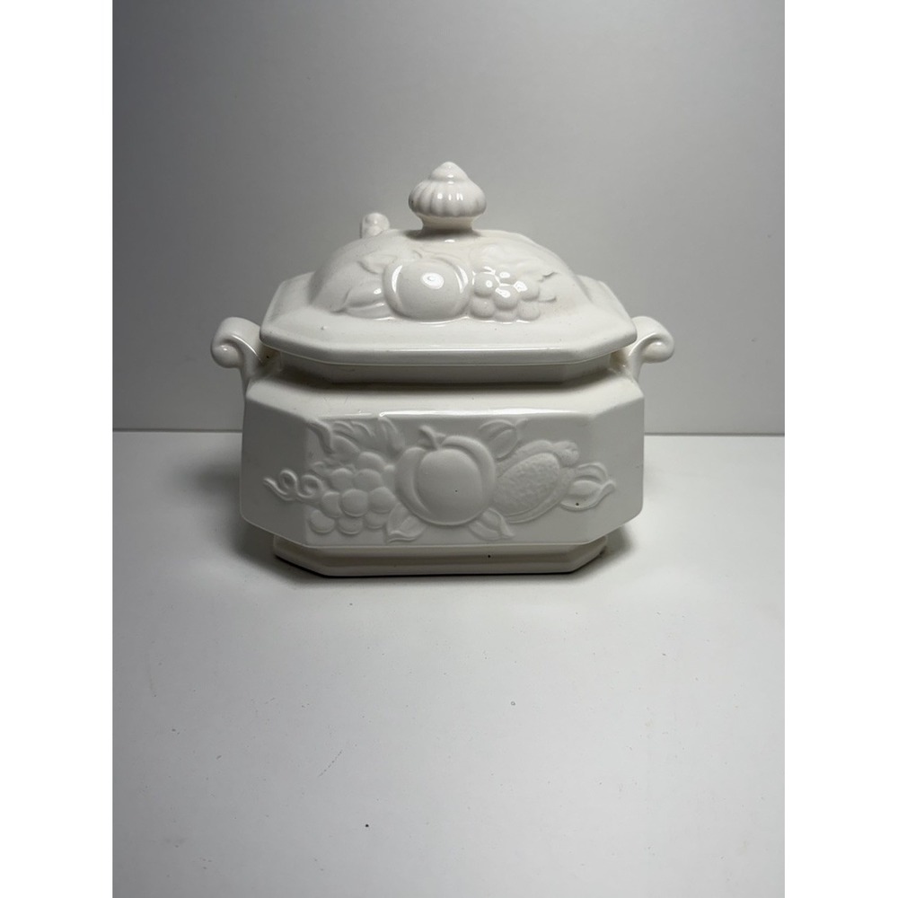 Vintage Glazed Ceramic‎ Tureen Made in Japan • White Fruit Design • Lid & Spoon